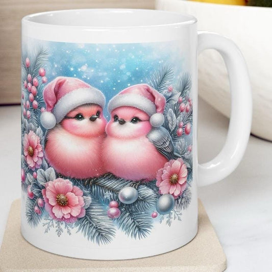 Pink christmas birds mug - perfect for winter season - drinkware, tumblers cup reusable washable reuse ceramic coffee xmas mugs tea festive