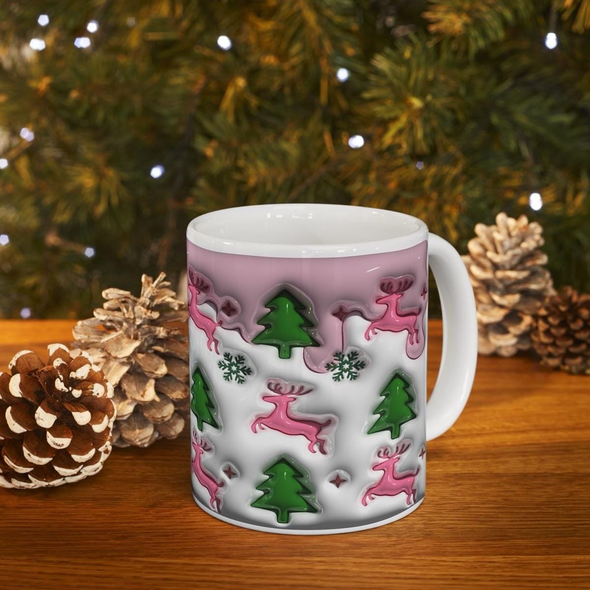 3d style christmas mug with reindeer and tree design for festive drinks - cup, drinkware tumblers ceramic reusable washable reuse coffee xma
