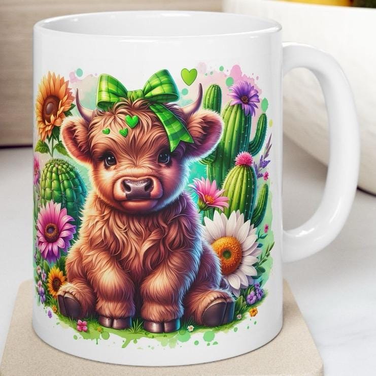 Cute highland cow sitting in garden with cactus and flowers 3d mug - perfect for coffee and tea - drinkware washable tumbler reusable cup re