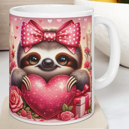 Sloth valentines cute mug heart design - perfect for drinks - drinkware, tumblers cup washable reusable ceramic coffee reuse girly valentine