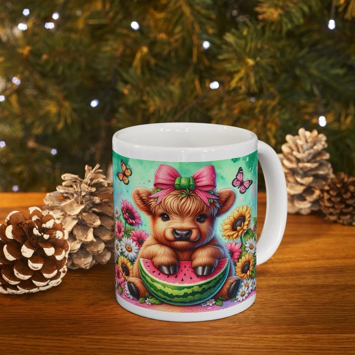 Cute highland cow sitting in watermelon 3d mug - perfect for your morning drinks - drinkware, tumblers cup reusable washable bottles ceramic
