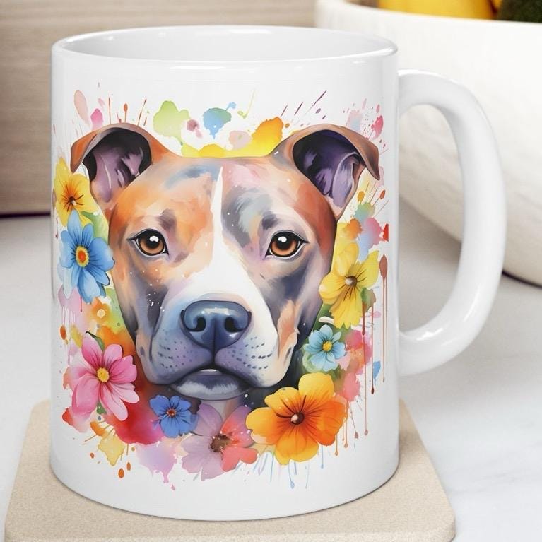 Staffy staffordshire floral art mug - perfect xmas christmas gift for dog lovers - fairy design - drinkware washable reuse coffee reusable t
