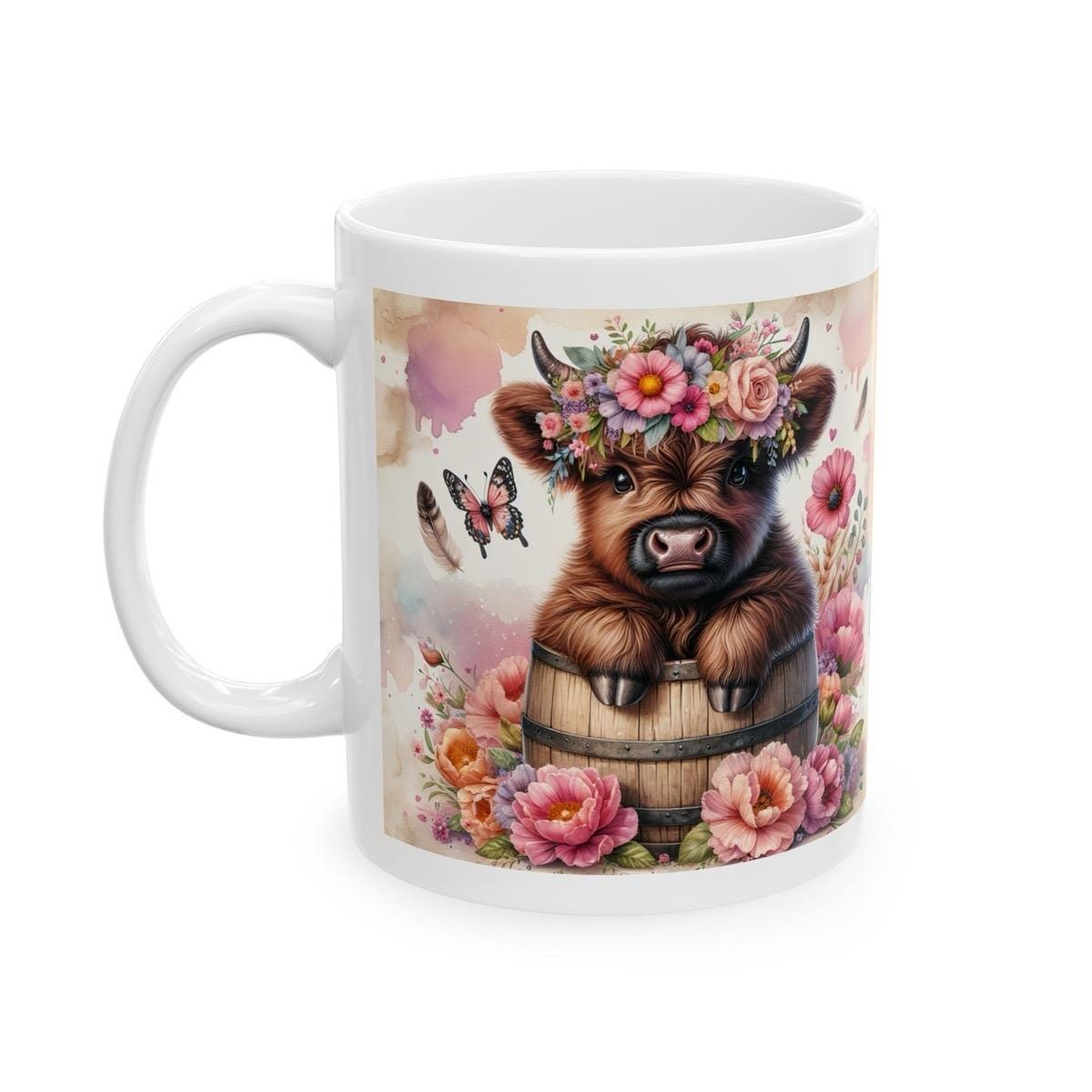 Cute flowery highland cow in barrel 3d mug - perfect for your morning drinks - drinkware, tumblers washable reusable coffee cup ceramic reus