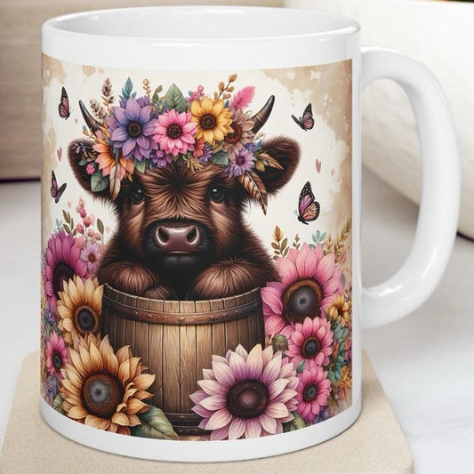 Cute flowery highland cow in barrel 3d mug - perfect for your morning drinks - drinkware, tumblers washable cup reusable coffee ceramic reus