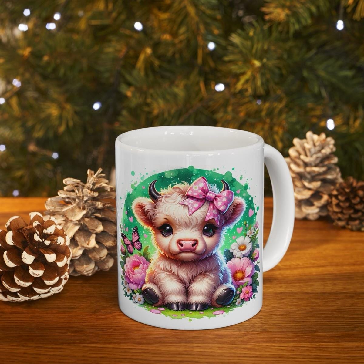 Cute highland cow 3d mug with pink polka dot bow and butterfly - perfect for drinks - drinkware cup tumbler washable reusable coffee ceramic