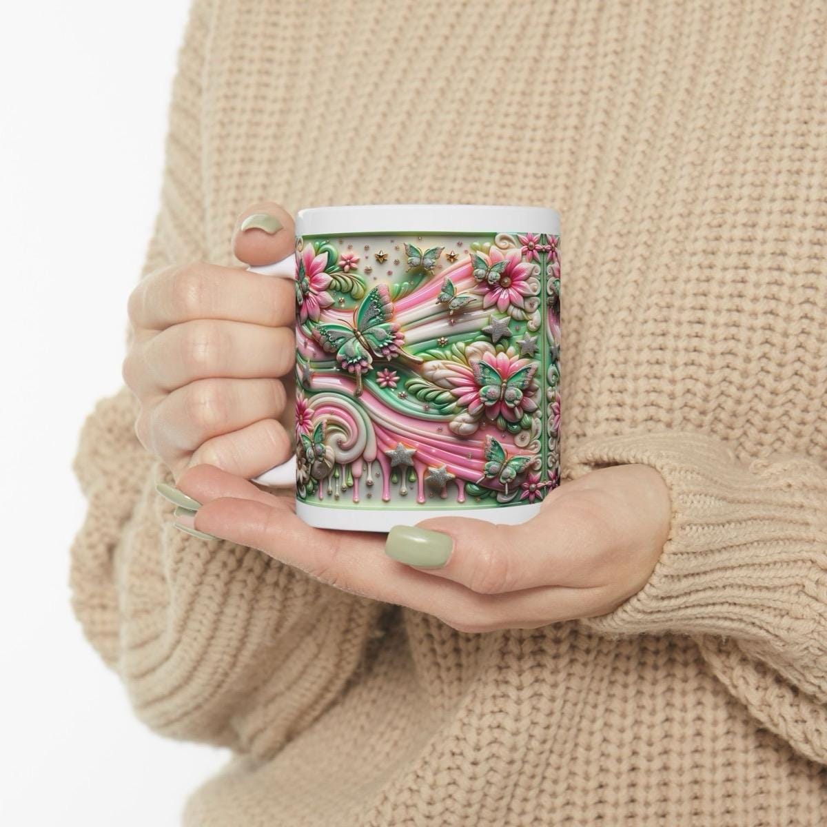 Pink butterfly flower 3d mug - perfect for your morning drinks - drinkware, tumblers coffee stylish tea washable reusable reuse cup ceramic