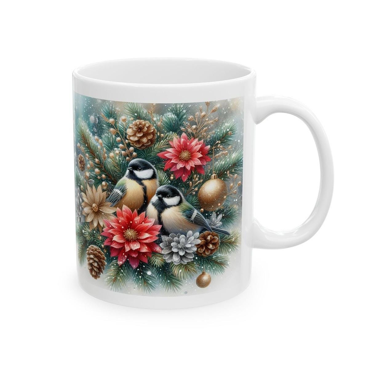Flower birds christmas mug for hot beverages - drinkware reusable tumbler washable cup reuse coffee ceramic xmas mugs tea festive