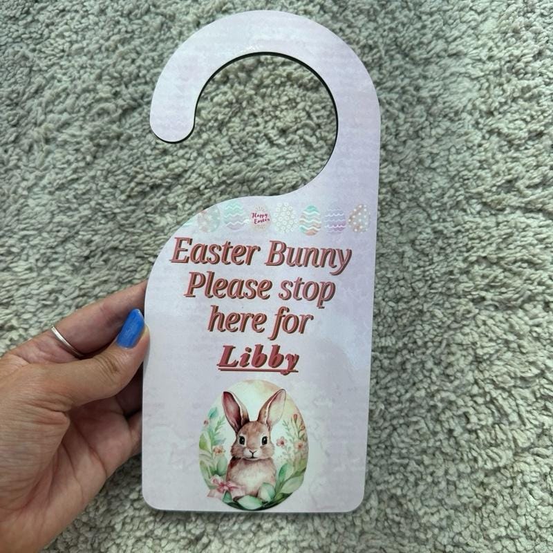 Personalised easter bunny please stop here door hanger door sign for kids - pink/blue - hangable, ornaments, hanging, decoration, decor gift