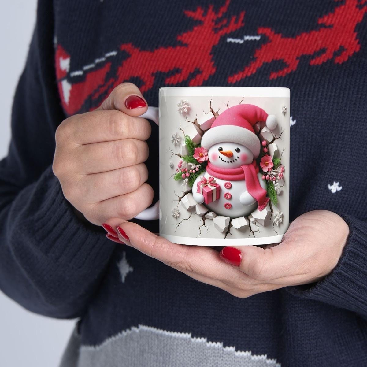Christmas pink snowman 3d mug - festive drinkware for the holidays - cup tumblers reusable washable reuse ceramic coffee xmas mugs tea class