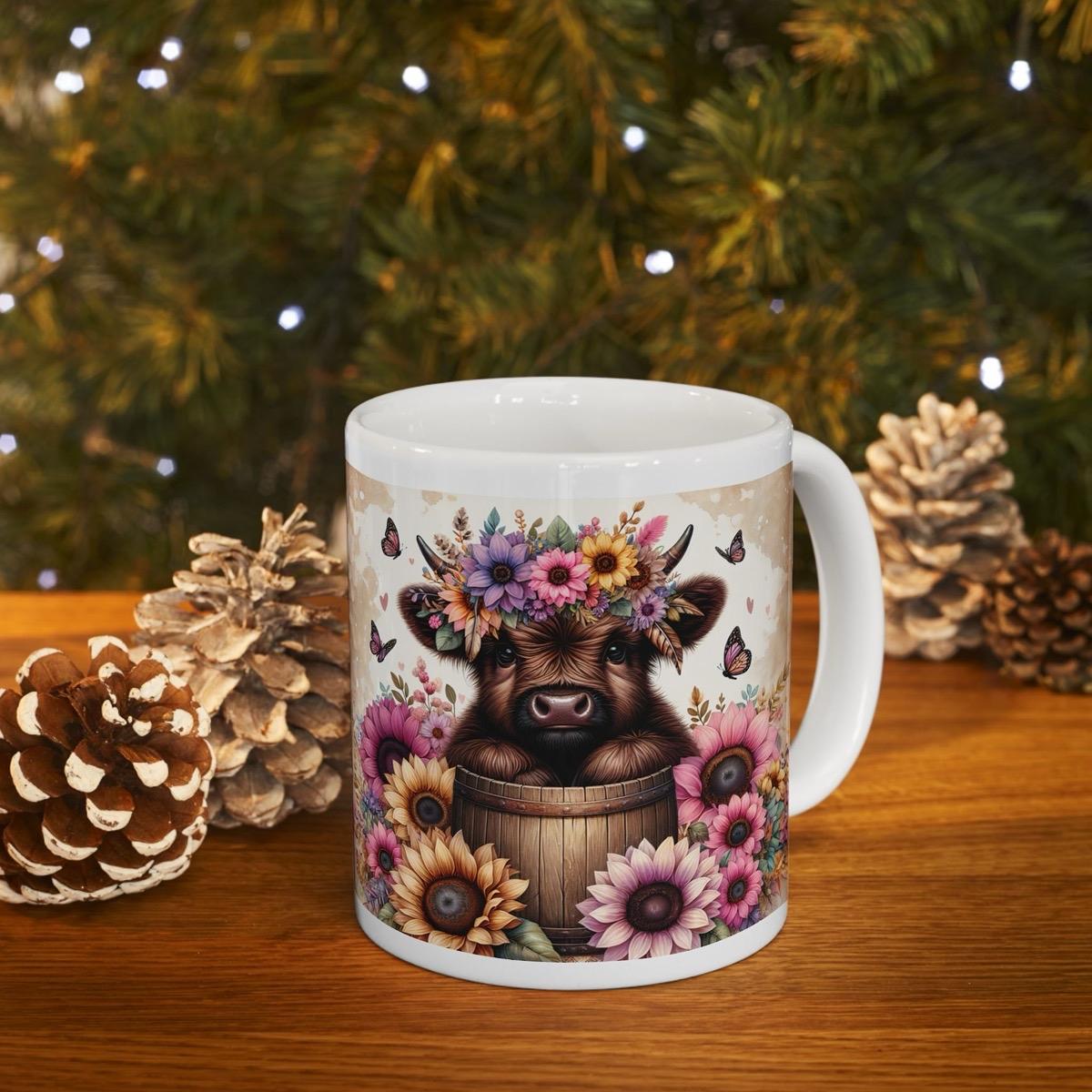 Cute flowery highland cow in barrel 3d mug - perfect for your morning drinks - drinkware, tumblers washable cup reusable coffee ceramic reus