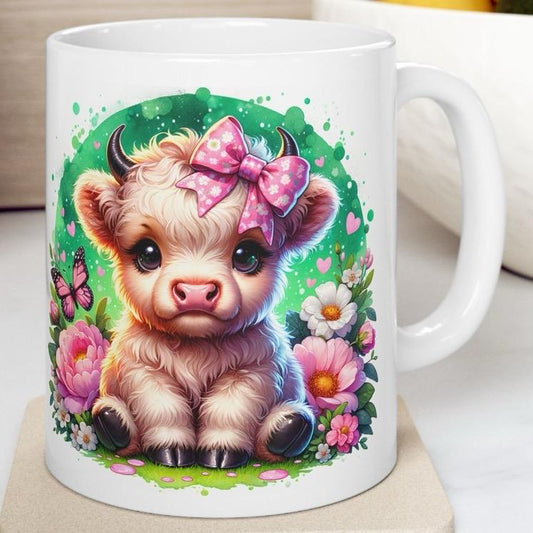 Cute highland cow 3d mug with pink polka dot bow and butterfly - perfect for drinks - drinkware cup tumbler washable reusable coffee ceramic