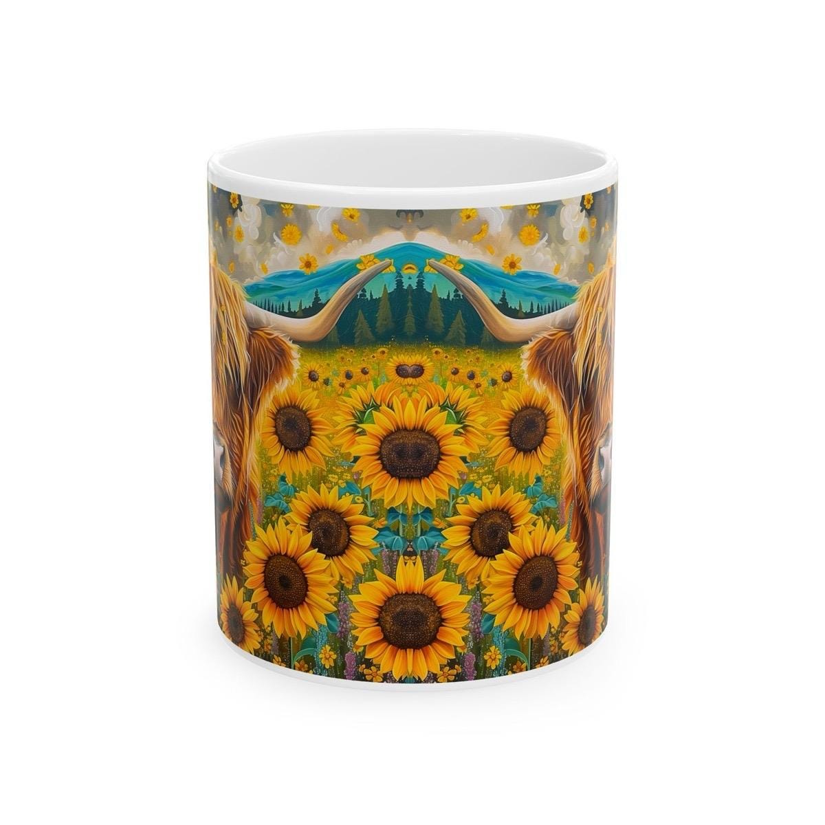 Sunflower highland cow funny cute mug gift for christmas, birthday and xmas drinkware secret santa washable reusable coffee cup reuse tumble