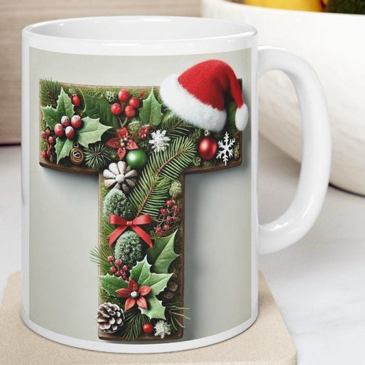 Personalised 't' edition christmas mug - unique gift for xmas - stocking filler - drinkware washable reusable reuse ceramic cup tumbler coff