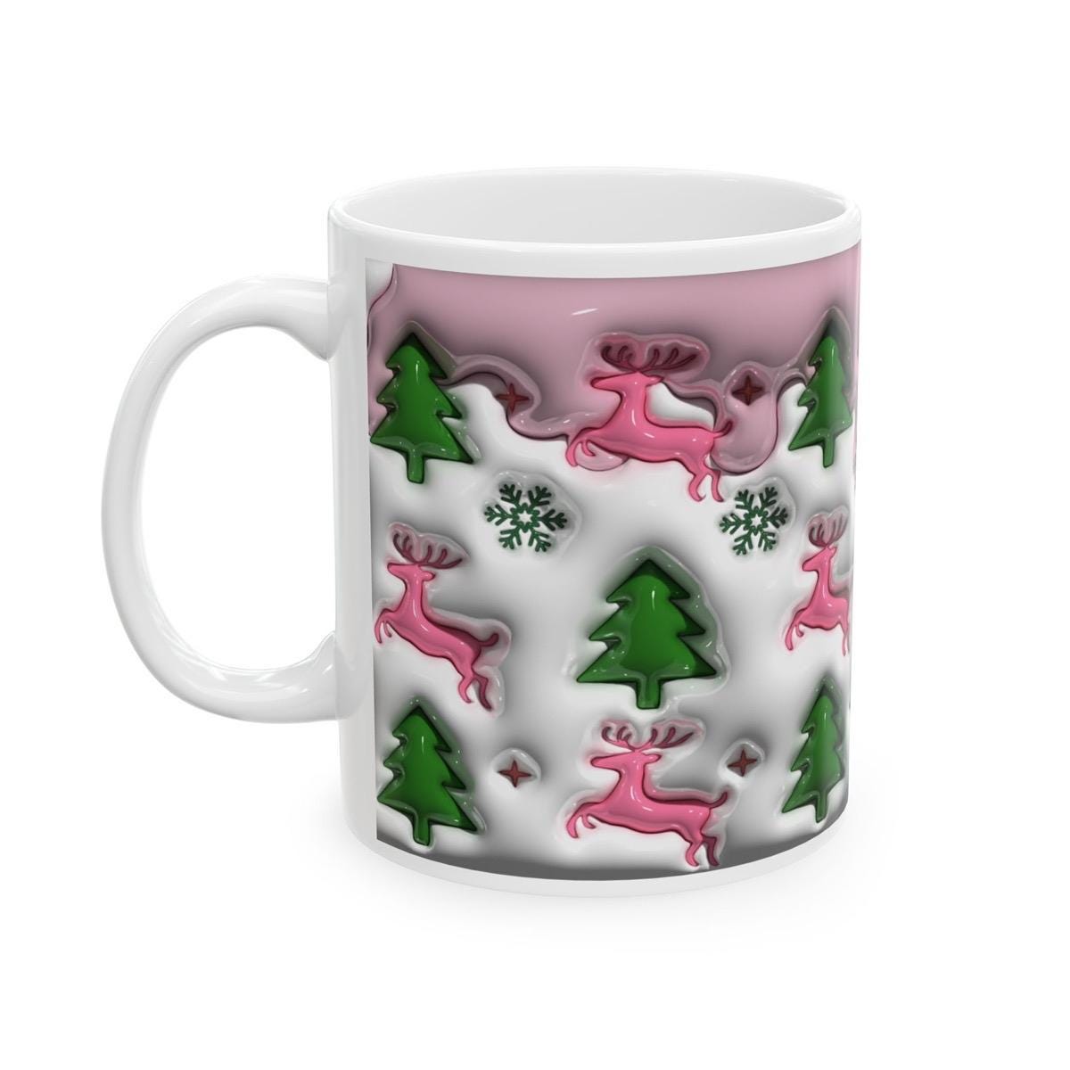 3d style christmas mug with reindeer and tree design for festive drinks - cup, drinkware tumblers ceramic reusable washable reuse coffee xma