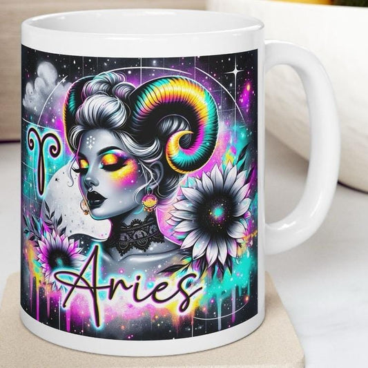 Aries star sign astrology mug - perfect gift for coffee lovers - drinkware washable reusable cup tumbler reuse ceramic funny cute novelty mu