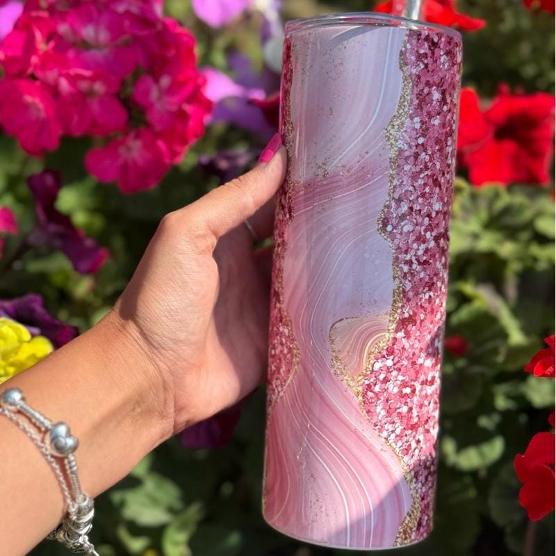 Cute pink marble 20oz glitter girly tumbler style - perfect for any occasion drinkware flasks mug bottles water bottles bottled stylish beve