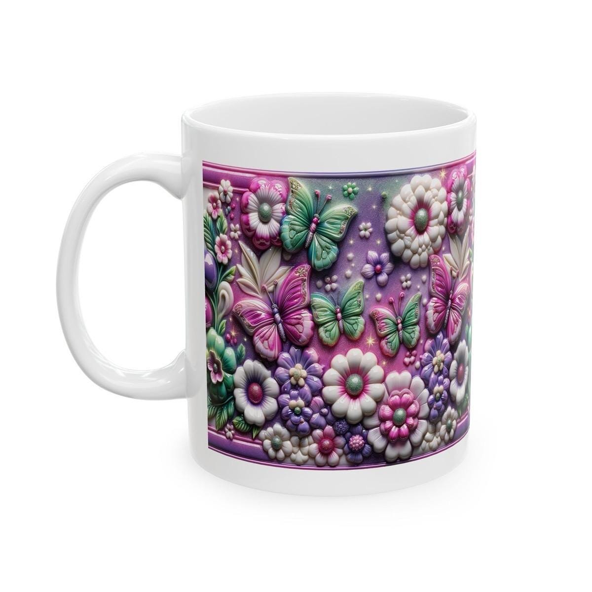 Flowers and butterflies 3d pink mug - perfect for your morning drinks - tumblers, drinkware reusable washable cup reuse coffee ceramic xmas