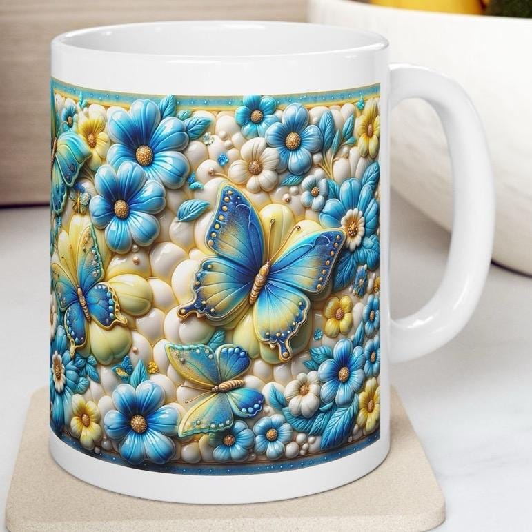 Yellow blue flower butterfly 3d mug - perfect for your morning drinks - tumblers, drinkware reusable washable coffee cup reuse ceramic