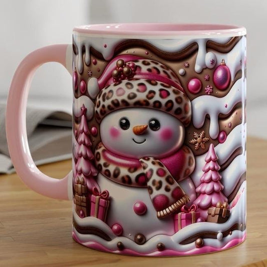 Christmas gift 3d snowman mug with pink interior and handle - perfect for drinks - tumblers, drinkware cup reusable washable reuse coffee ce