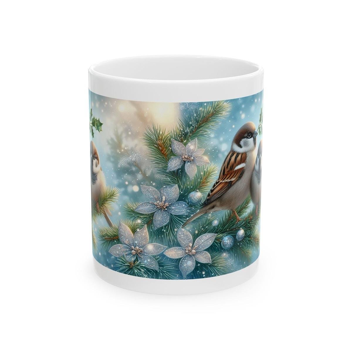 Christmas themed mug with sparrows - perfect for your morning drinks - tumblers, drinkware cup ceramic reusable bottles coffee reuse washabl