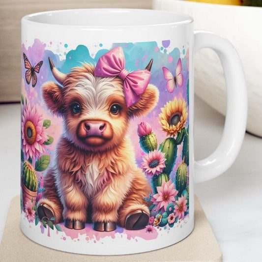 Cute highland cow 3d mug with pink bow and butterfly - perfect for your morning drinks - drinkware, tumblers cup washable reusable coffee ce