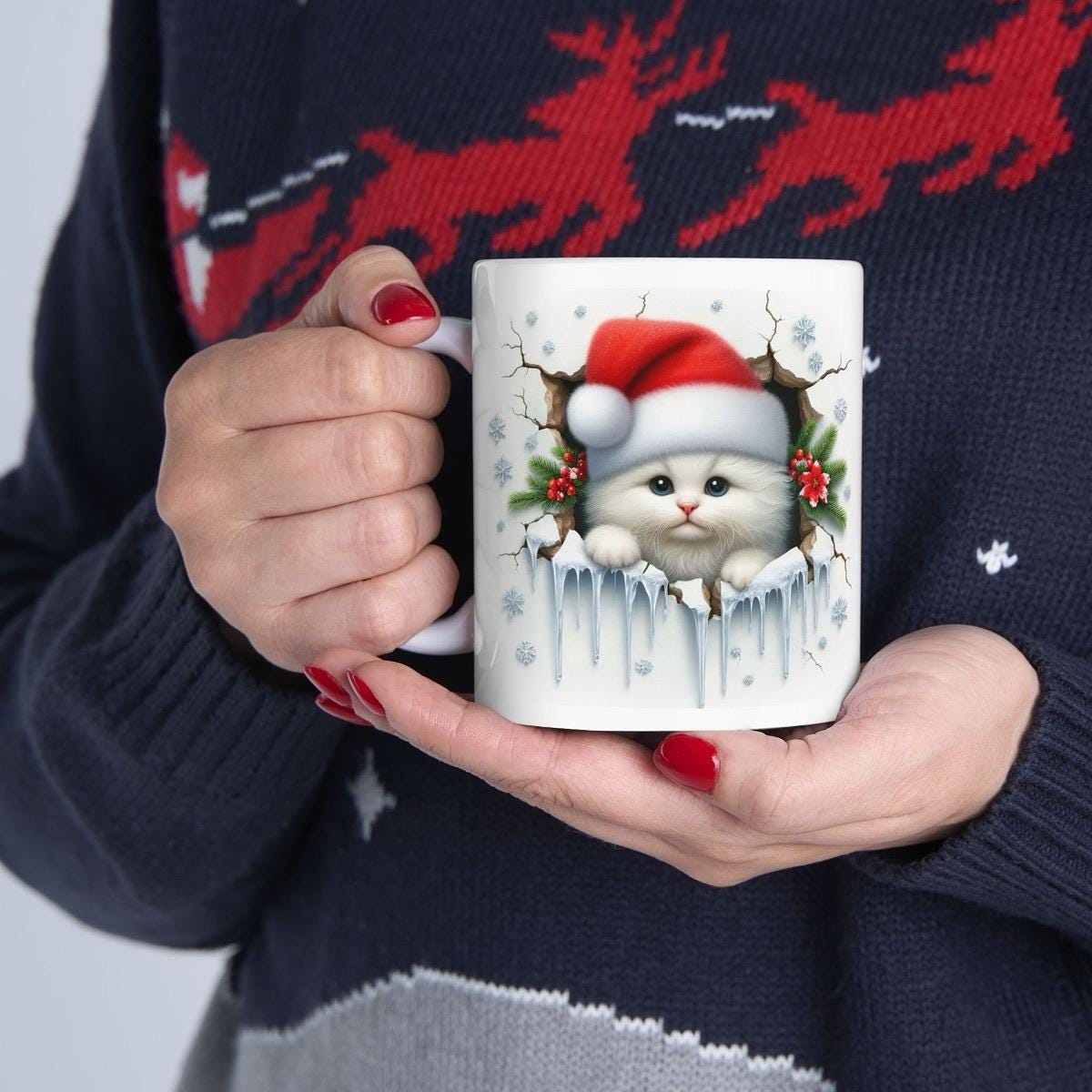 Christmas kitten 3d mug - perfect for your morning drinks - drinkware, tumblers cup bottles reusable ceramic reuse washable kitty coffee xma