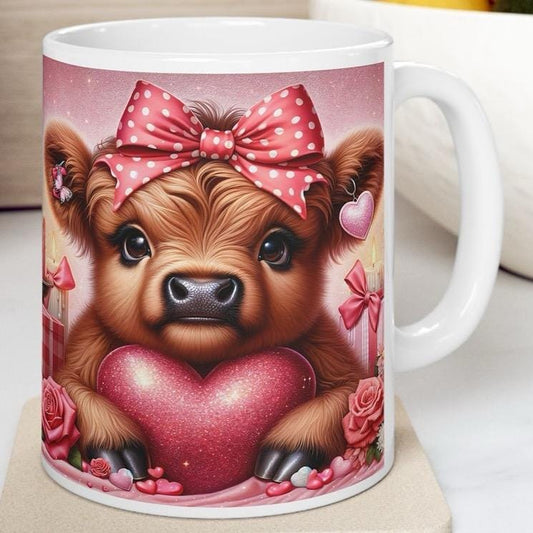 Highland cow valentines mug - love hearts - xmas gifts christmas drinkware washable reusable tumbler cup reuse coffee ceramic cute girly hea