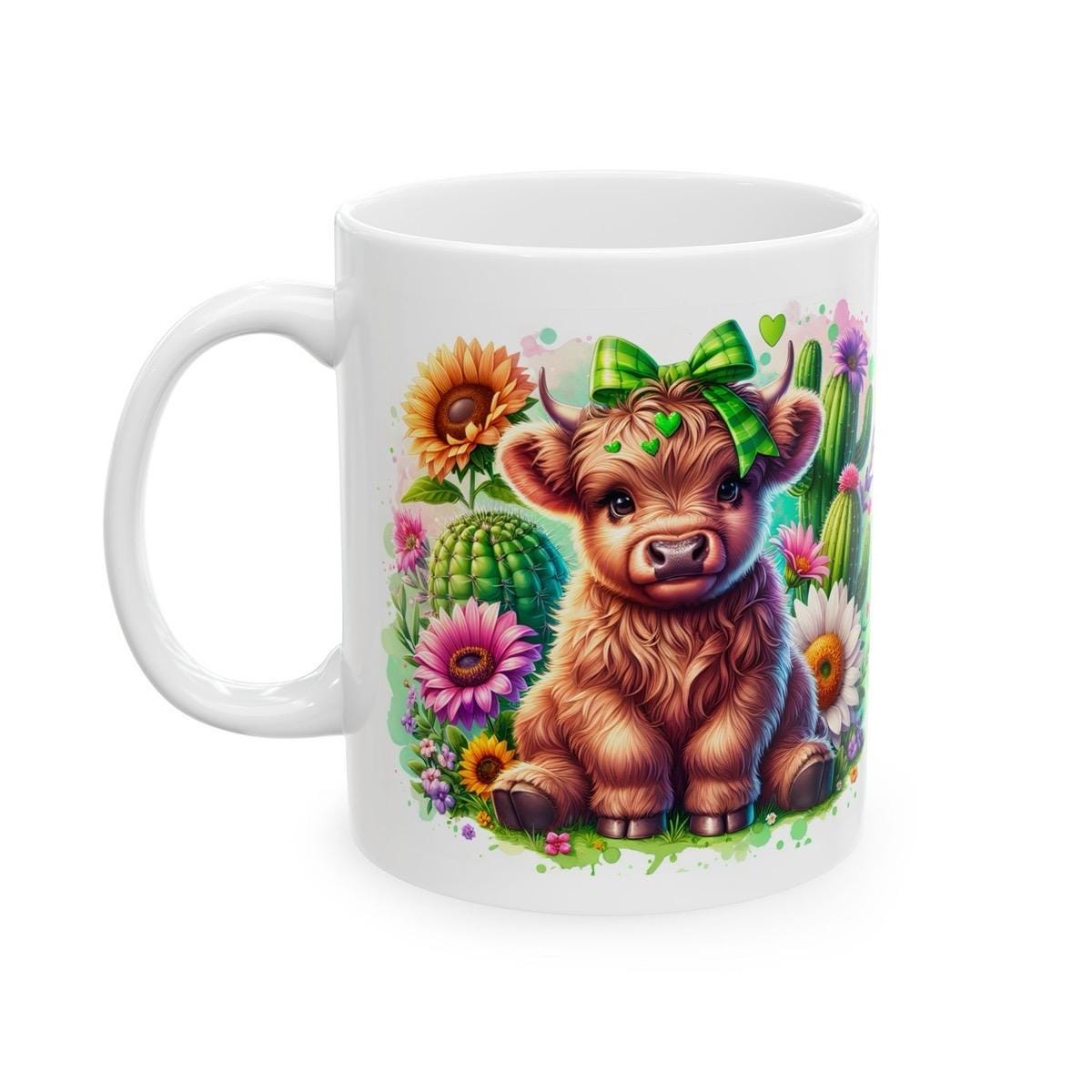 Cute highland cow sitting in garden with cactus and flowers 3d mug - perfect for coffee and tea - drinkware washable tumbler reusable cup re