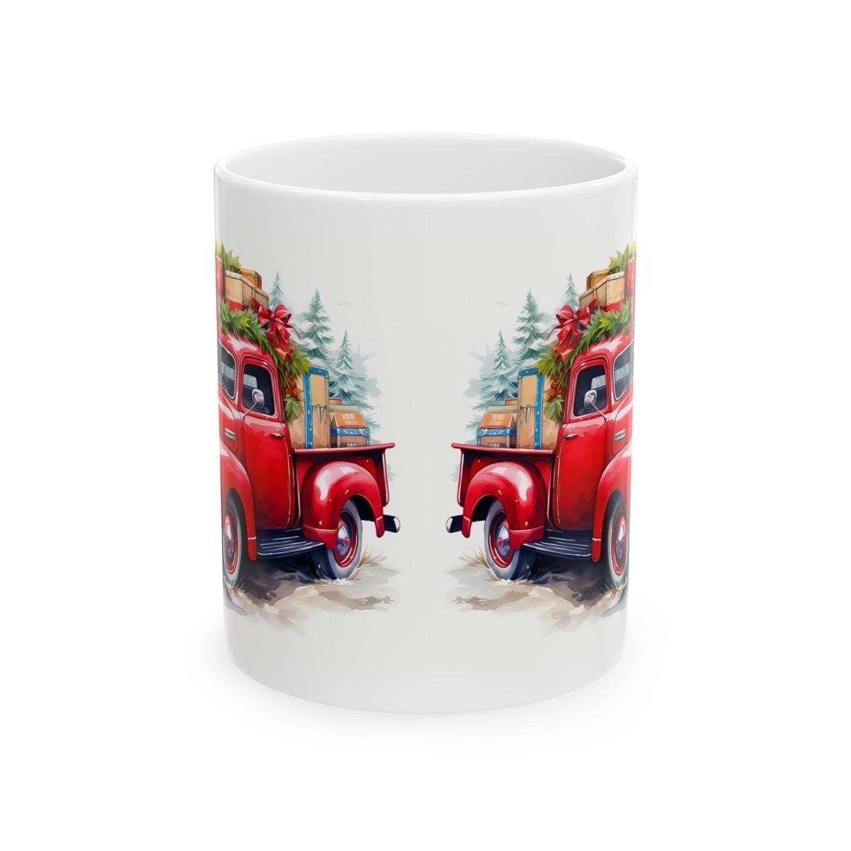Christmas red retro truck mug - secret santa stocking filler gift drinkware reusable reuse tumbler washable ceramic xmas mugs tea festive fu