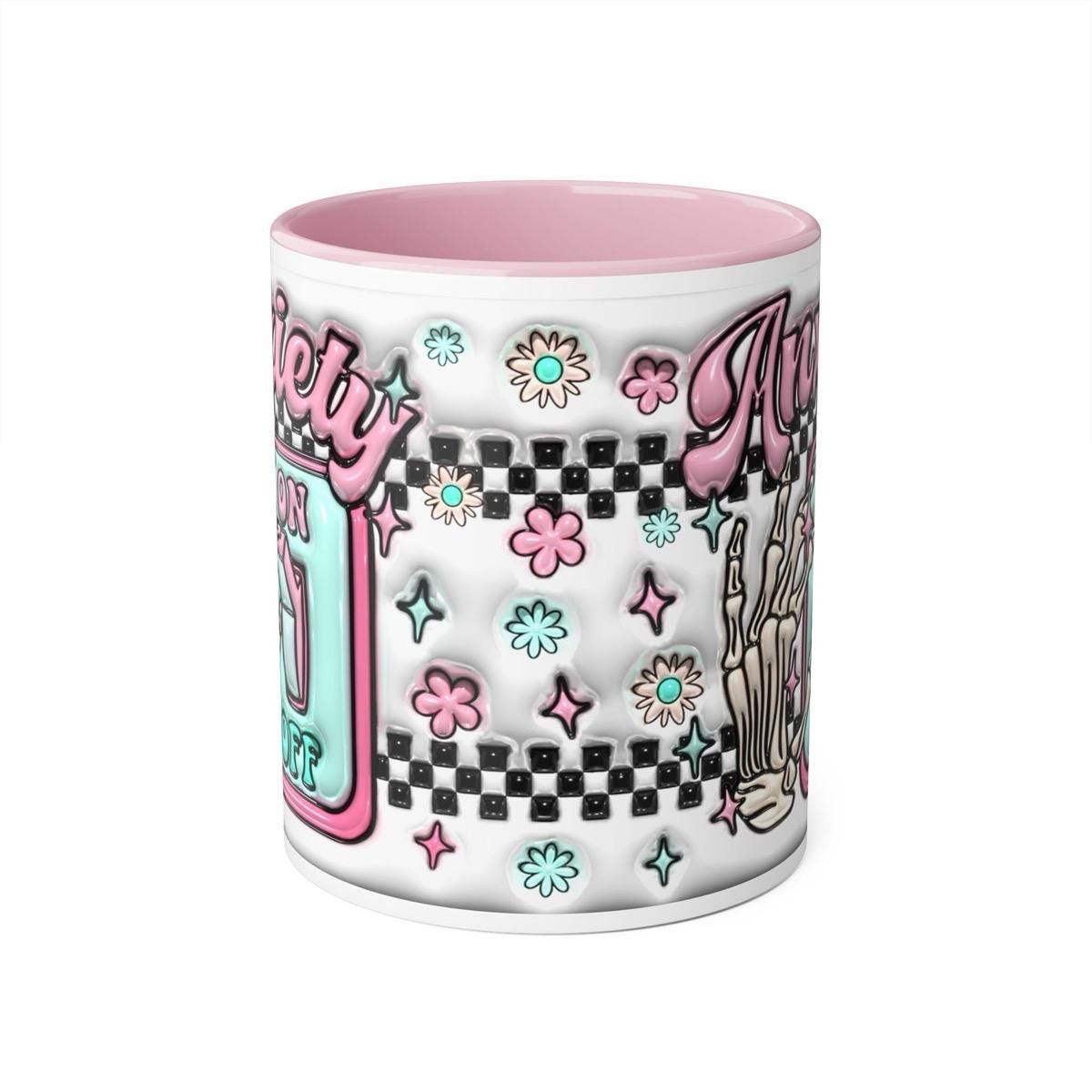 Funny cute anxiety mug with pink handle and interior - perfect for anxiety relief drinkware cup tumbler reusable reuse washable ceramic coff