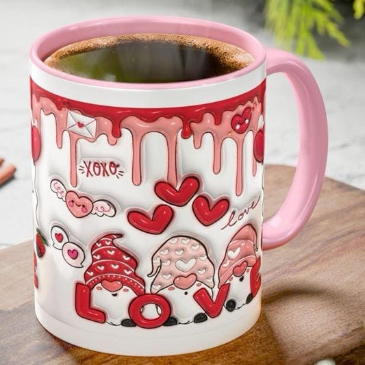Gonk gnome valentine's day love pink mug gift - cute hearts 3d style drip effect drinkware cup coffee tumblers reusable ceramic washable reu
