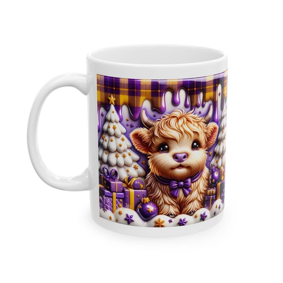 3d purple highland cow christmas mug – adorable festive design with candy accents, perfect for holiday gifting! drinkware washable reusabl