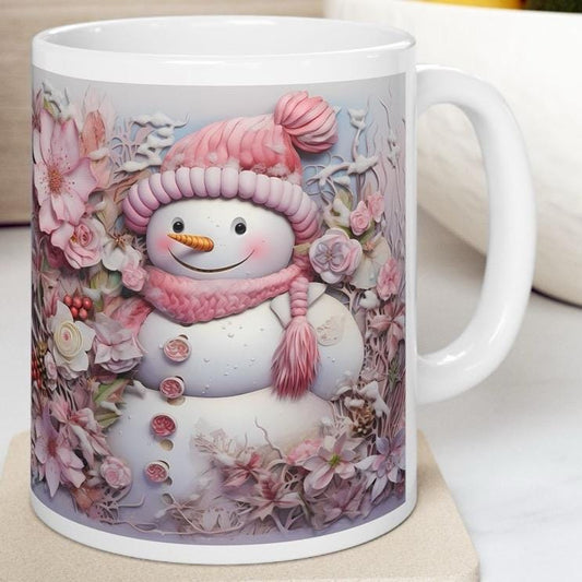 Pink 3d snowman mug - perfect christmas stocking filler gift - gifts drinkware tumbler reusable cup washable ceramic reuse coffee xmas mugs