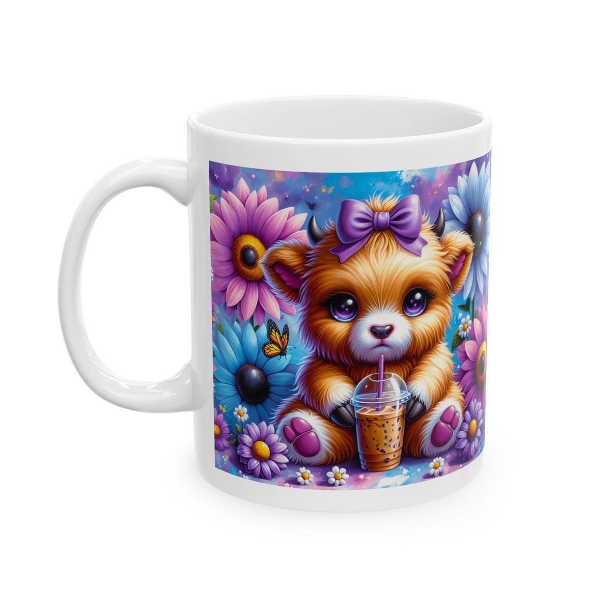 Cute highland cow  drinking iced coffee 3d mug - perfect for your morning drinks - drinkware, tumblers cup washable reusable reuse ceramic x