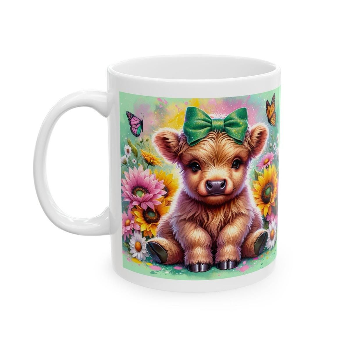Cute highland cow 3d mug with green bow and butterfly - perfect for coffee and tea - drinkware reusable ceramic washable reuse tumbler cup x