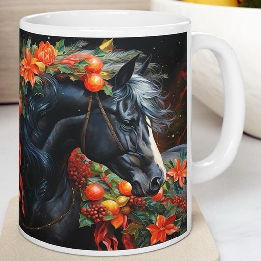 Black horse christmas mug - cute gift for secret santa or stocking filler drinkware washable tumbler reuse reusable cup ceramic coffee xmas