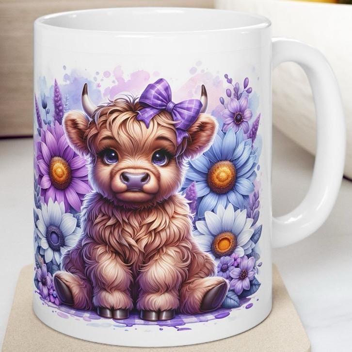 Cute highland cow in purple garden 3d mug - perfect for your morning drinks - drinkware washable coffee tumbler reusable reuse cup ceramic x