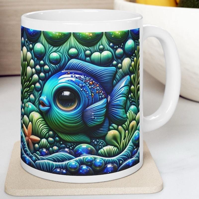 Mystic oceans blue fish 3d mug - perfect for your morning drinks - tumblers, drinkware cup glass bottles reusable washable reuse ceramic xma
