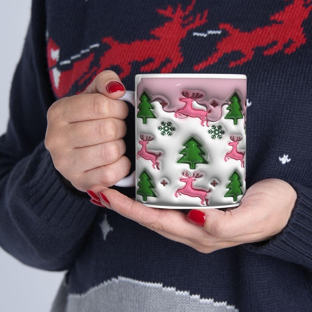 3d style christmas mug with reindeer and tree design for festive drinks - cup, drinkware tumblers ceramic reusable washable reuse coffee xma