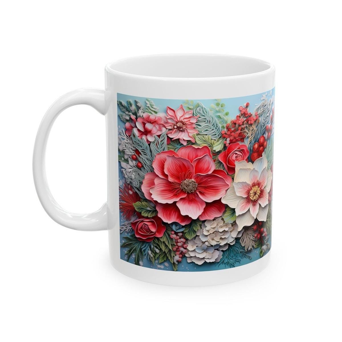 Winter christmas pink flowers 3d mug - secret santa - stocking filler - perfect gift for office supplies drinkware tumbler washable reuse re