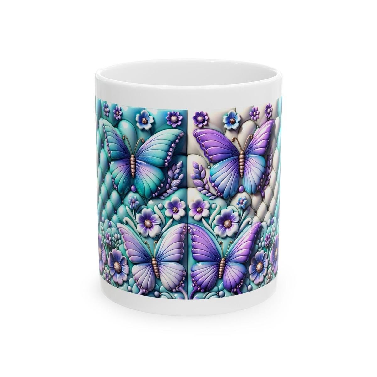 Turquoise purple quilted 3d butterfly mug for hot beverages - drink, drinkware washable reusable cup reuse tumbler coffee ceramic xmas mugs