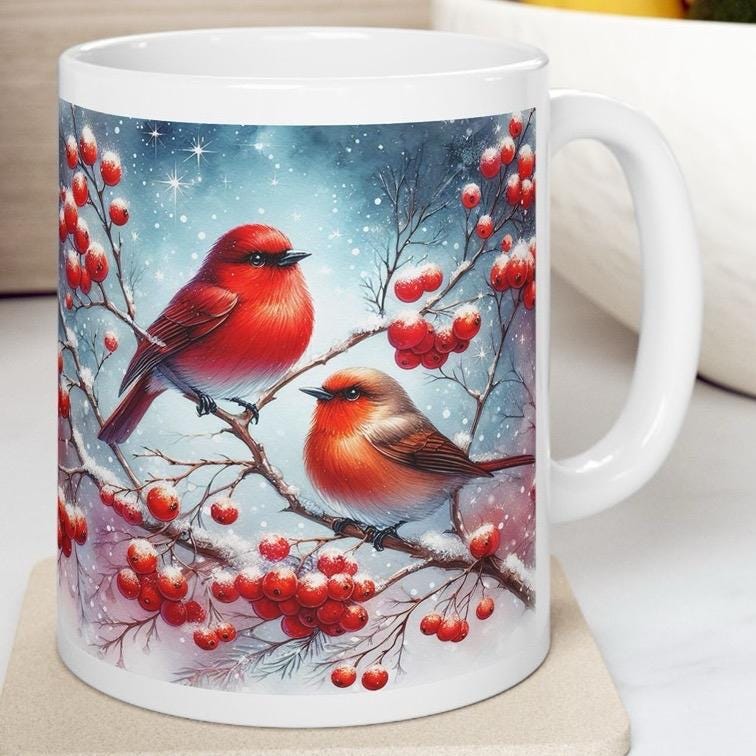 Pair of robins christmas mug - perfect for the festive season - cup, drinkware tumblers bottles reusable washable reuse ceramic coffee xmas
