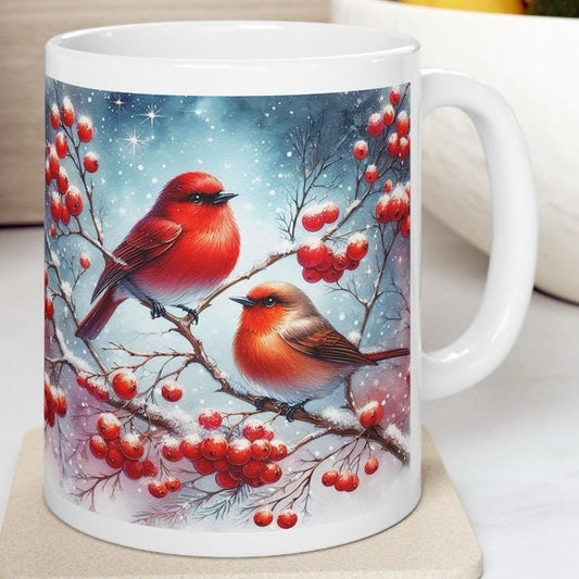 Pair of robins christmas mug - perfect for the festive season - cup, drinkware tumblers bottles reusable washable reuse ceramic coffee xmas