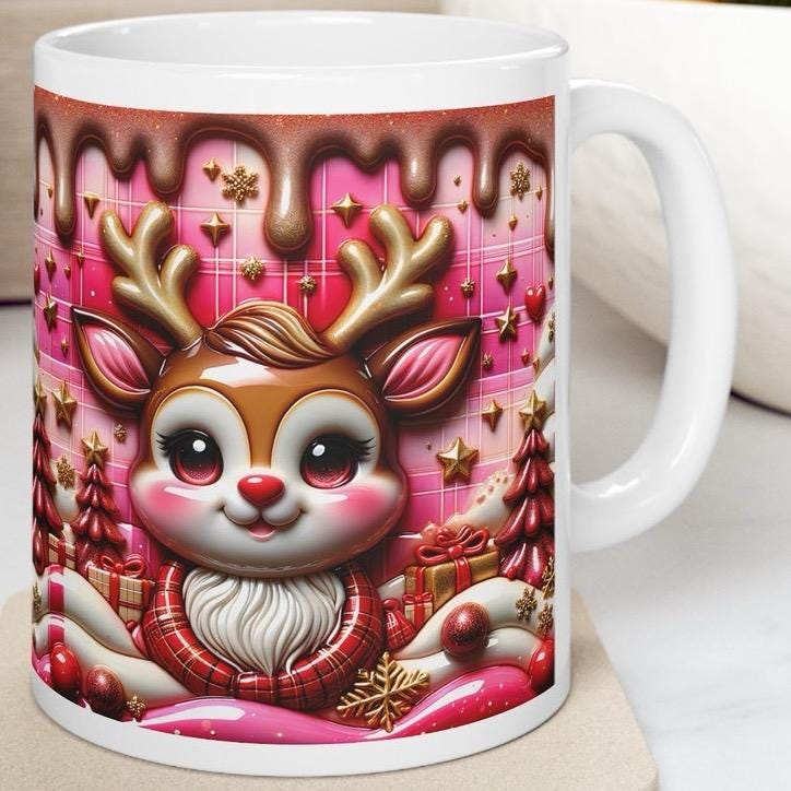 3d sparkly pink festive deer mug - cozy holiday design with pink and brown accents - perfect christmas gift drip effect drinkware reuse coff
