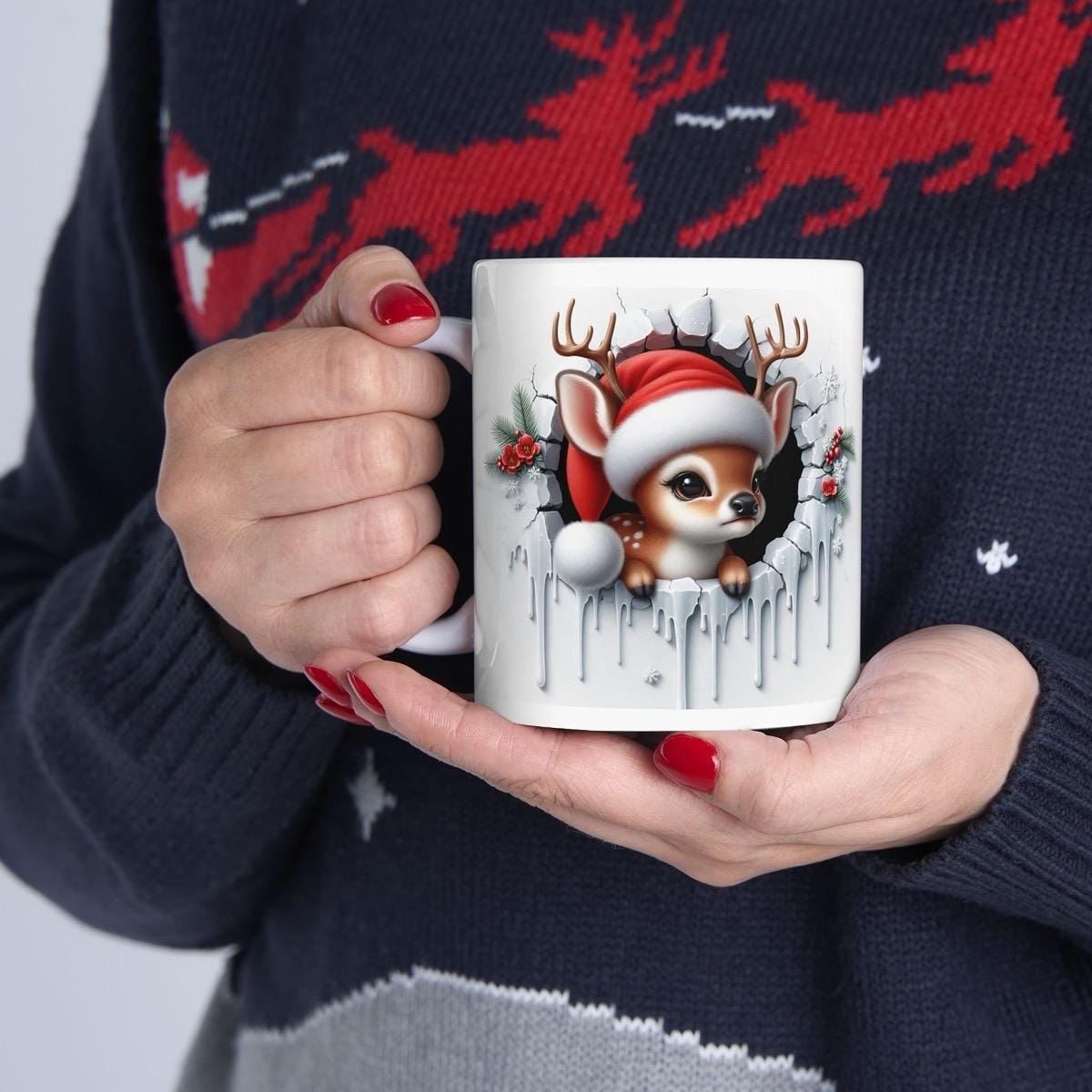 Baby deer christmas 3d mug - perfect for your holiday season - tumblers, drinkware cup bottles washable reusable reuse ceramic coffee xmas m
