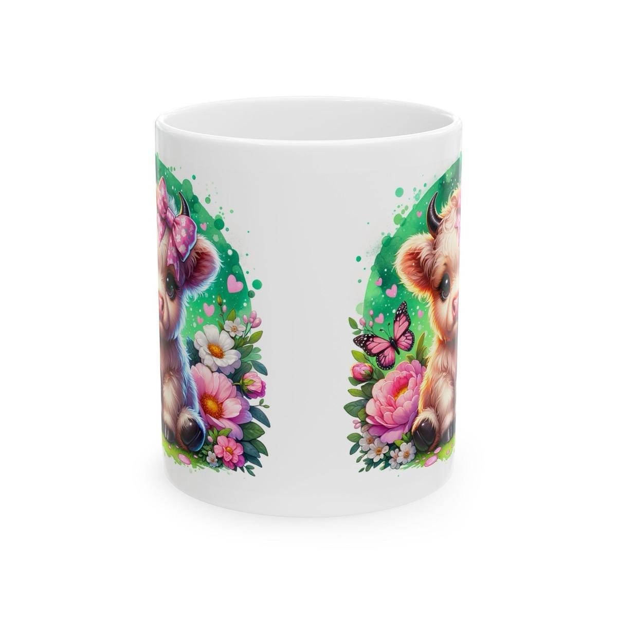 Cute highland cow 3d mug with pink polka dot bow and butterfly - perfect for drinks - drinkware cup tumbler washable reusable coffee ceramic