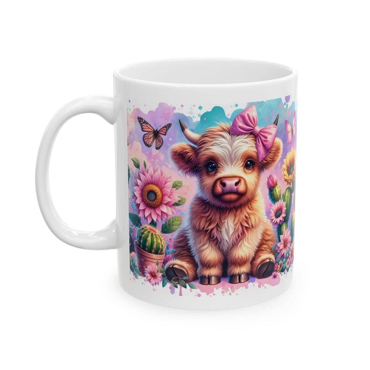 Cute highland cow 3d mug with pink bow and butterfly - perfect for your morning drinks - drinkware, tumblers cup washable reusable coffee ce
