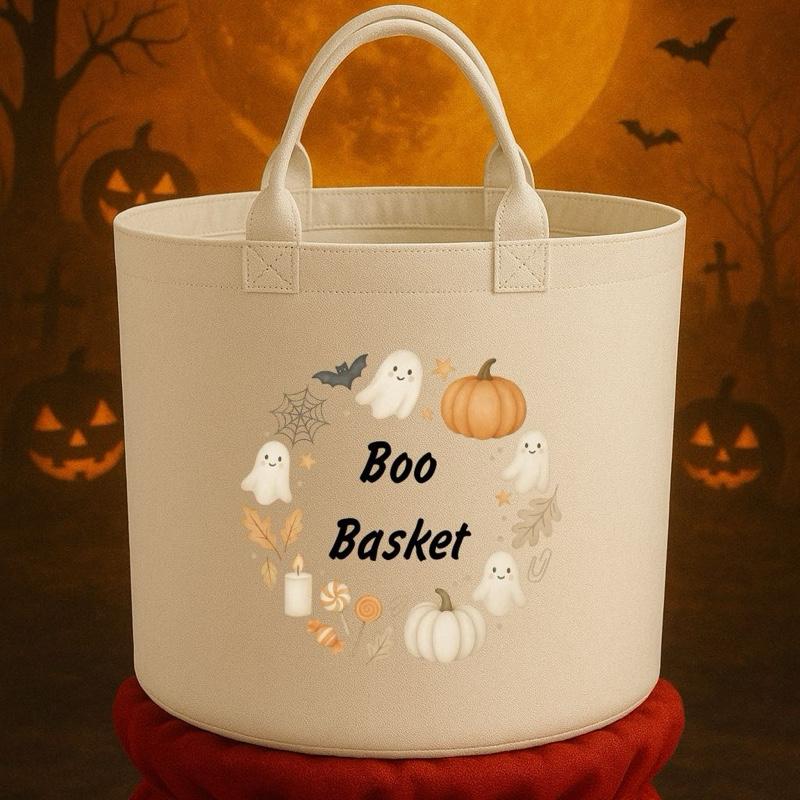 Boo Basket Felt Trug Storage with Halloween Ghosts and Pumpkins Design for Storage Needs fun gifts gift Halloween cute funny friends mum girlfriend boyfriend dad present Decorative Organiser
