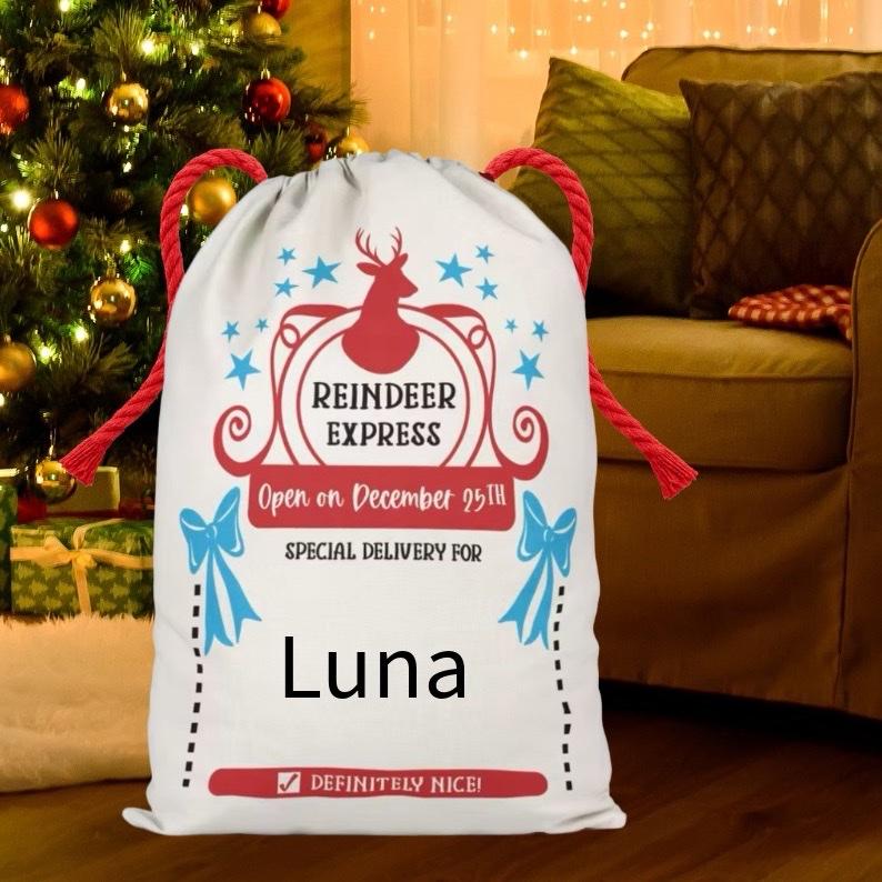 Large Premium Personalised Christmas Sack – Reindeer express design - Santa Gift Bag – Custom Name – Kids & Adults - Personalised Christmas stocking 64cmx48cm