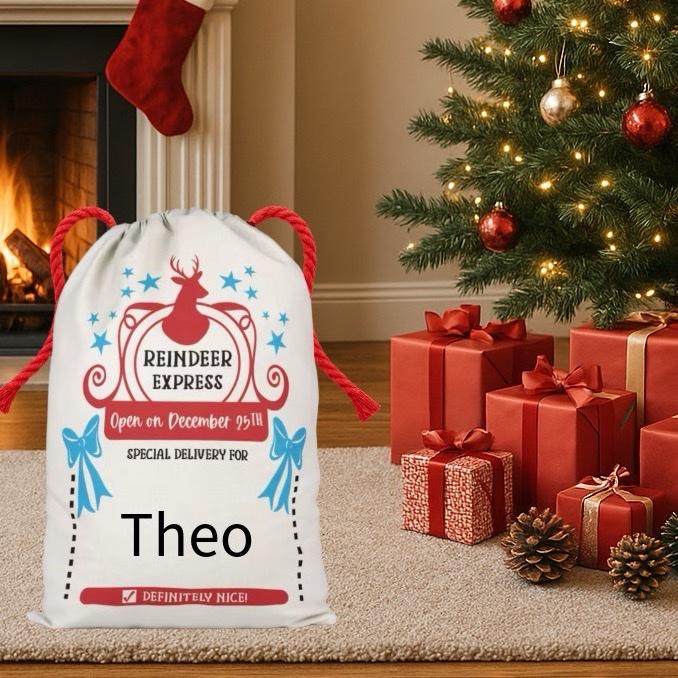Large Premium Personalised Christmas Sack – Reindeer express design - Santa Gift Bag – Custom Name – Kids & Adults - Personalised Christmas stocking 64cmx48cm